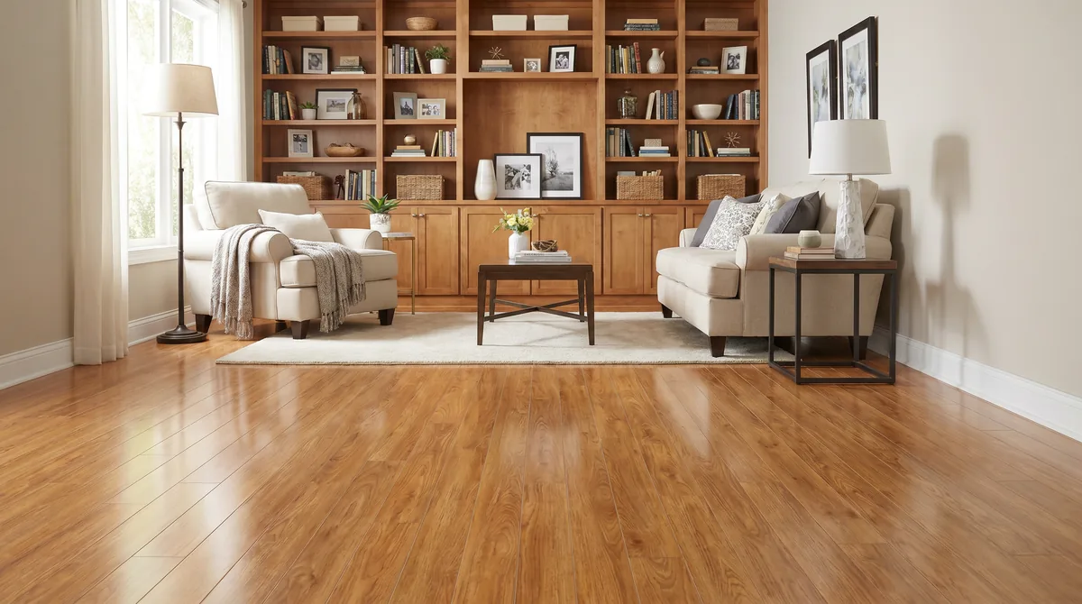 Family room with honey-oak laminate flooring