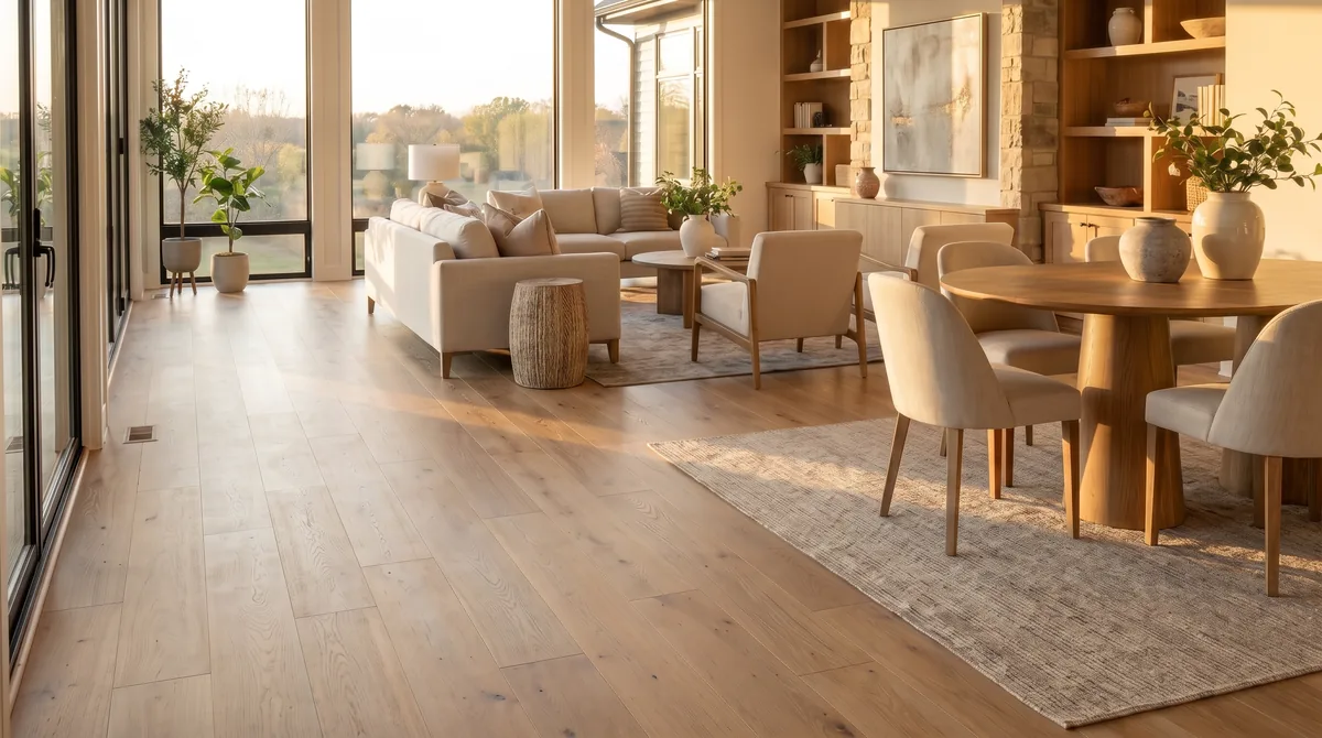 Living and dining room with wide-plank white oak hardwood